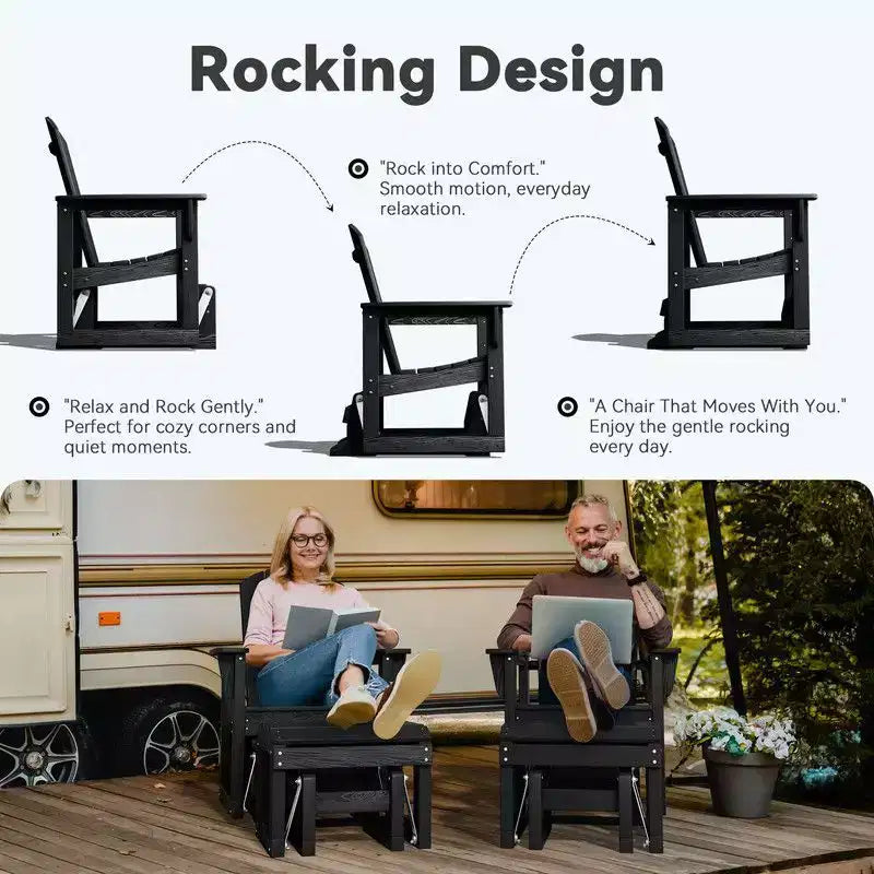 Hyleory HDPE Adirondack Rocking Chair with Ottoman Set - All-Weather Outdoor Patio Furniture, Durable Woodgrain Finish, Comfort-Contoured Seat
