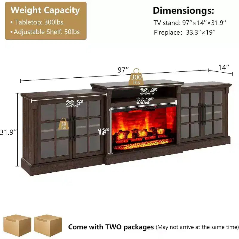 AMERLIFE Fireplace TV Stand, 97, Adjustable Shelf, Large Storage, Media Console