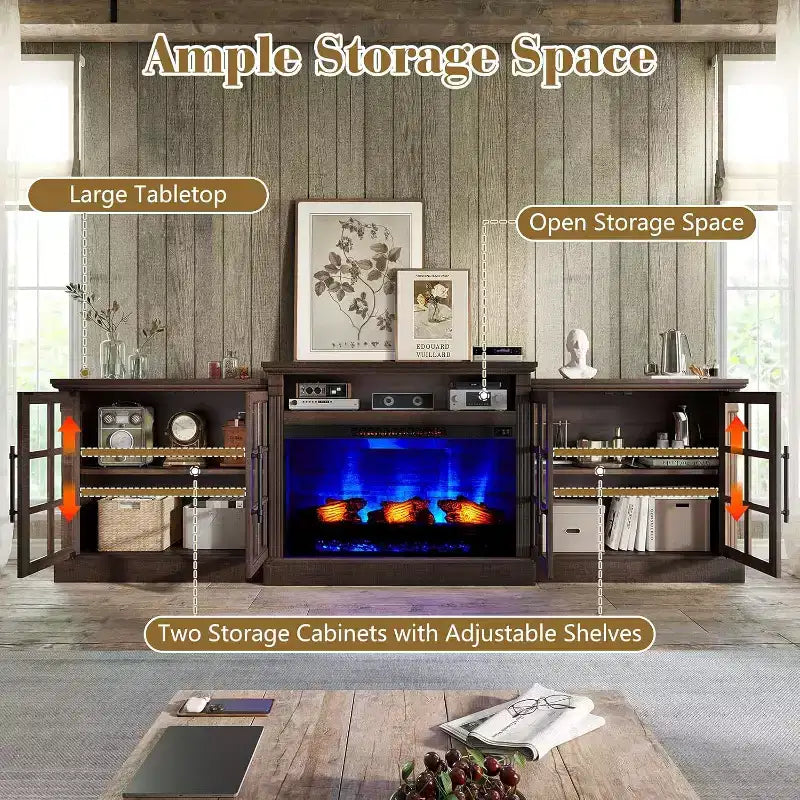 AMERLIFE Fireplace TV Stand, 97, Adjustable Shelf, Large Storage, Media Console