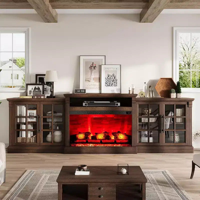 AMERLIFE Fireplace TV Stand, 97, Adjustable Shelf, Large Storage, Media Console