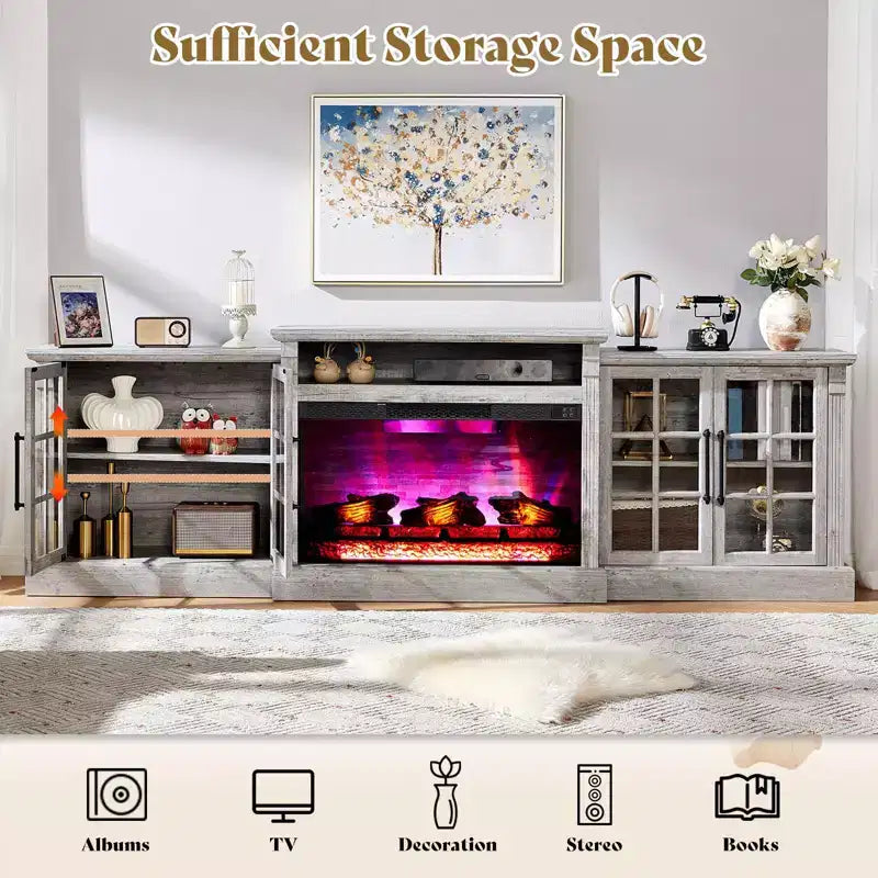 AMERLIFE Fireplace TV Stand, 97, Adjustable Shelf, Large Storage, Media Console