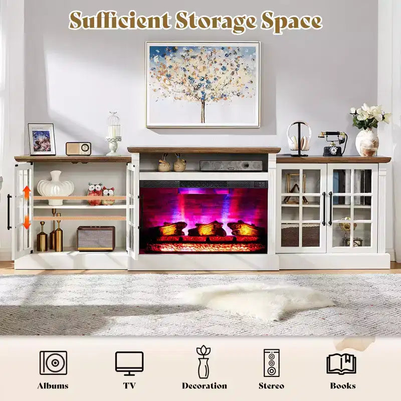 AMERLIFE Fireplace TV Stand, 97, Adjustable Shelf, Large Storage, Media Console