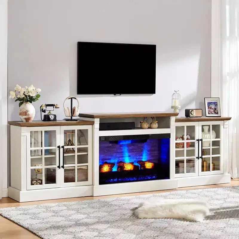 AMERLIFE Fireplace TV Stand, 97, Adjustable Shelf, Large Storage, Media Console