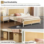 Struttura Letto a Piattaforma in Rattan con Testiera a LED, Letti Bohemien con Robusto Supporto a Doghe in Acciaio