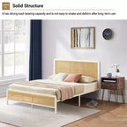 Struttura Letto a Piattaforma in Rattan con Testiera a LED, Letti Bohemien con Robusto Supporto a Doghe in Acciaio