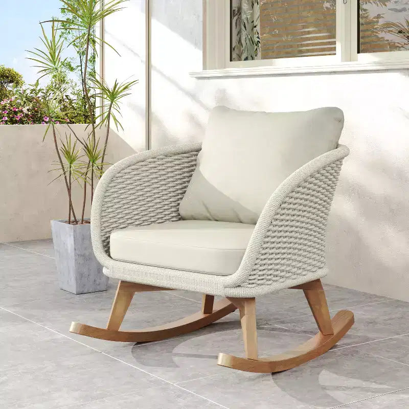 Christopher Knight Home Hattie Patio Contemporary Rattan and Acacia Wood Rocking Chair with Cushion
