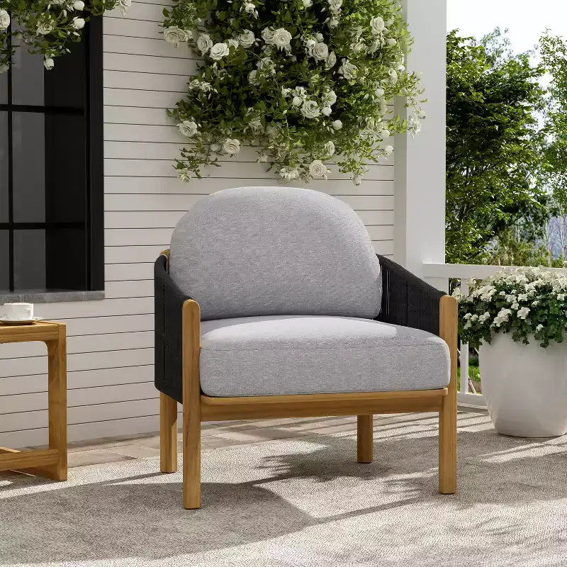 Poltrona da esterno Christopher Knight Home Tatum in legno di acacia con schienale in corda intrecciata e cuscini