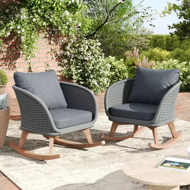 Christopher Knight Home Hattie Patio Contemporary Rattan and Acacia Wood Rocking Chair with Cushion (Set of 2)