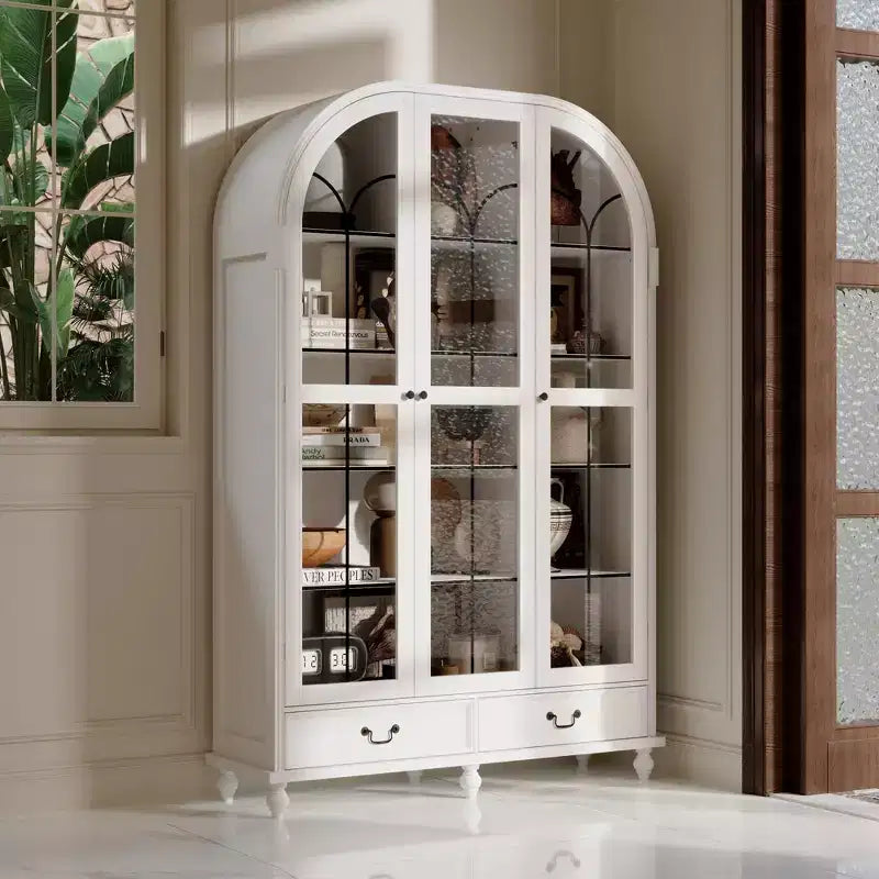 Libreria espositiva Famapy con gambe in legno massiccio e vetrina con ante in vetro