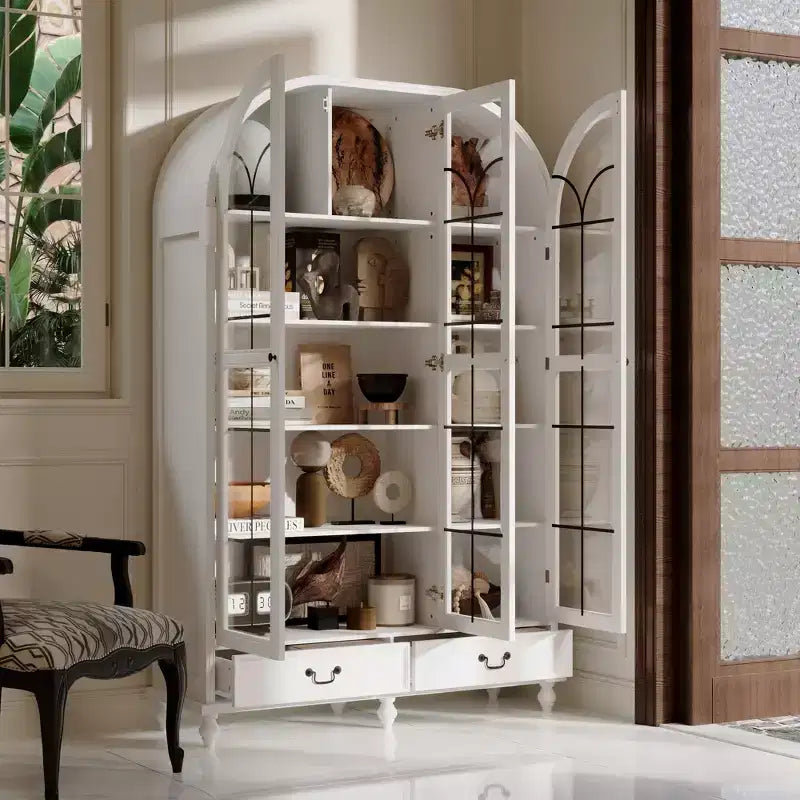 Libreria espositiva Famapy con gambe in legno massiccio e vetrina con ante in vetro