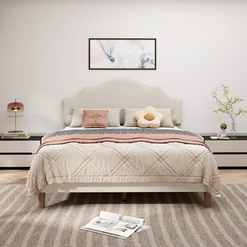 Queen/King Size Upholstered Platform Bed Frame with Adjustable Headboard, Linen Fabric Padded, No Box Spring Needed, Beige-ModernLuxe