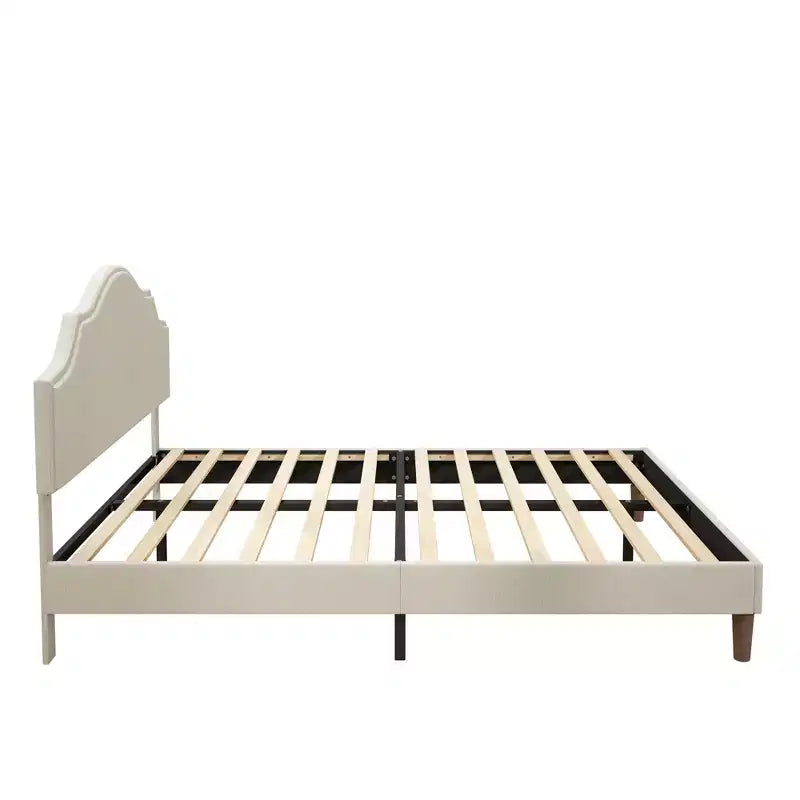 Queen/King Size Upholstered Platform Bed Frame with Adjustable Headboard, Linen Fabric Padded, No Box Spring Needed, Beige-ModernLuxe