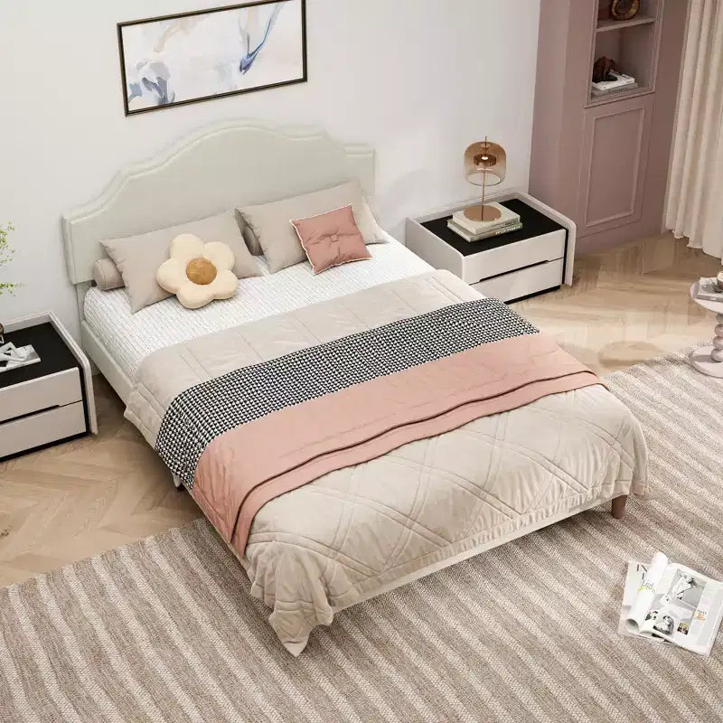 Queen/King Size Upholstered Platform Bed Frame with Adjustable Headboard, Linen Fabric Padded, No Box Spring Needed, Beige-ModernLuxe