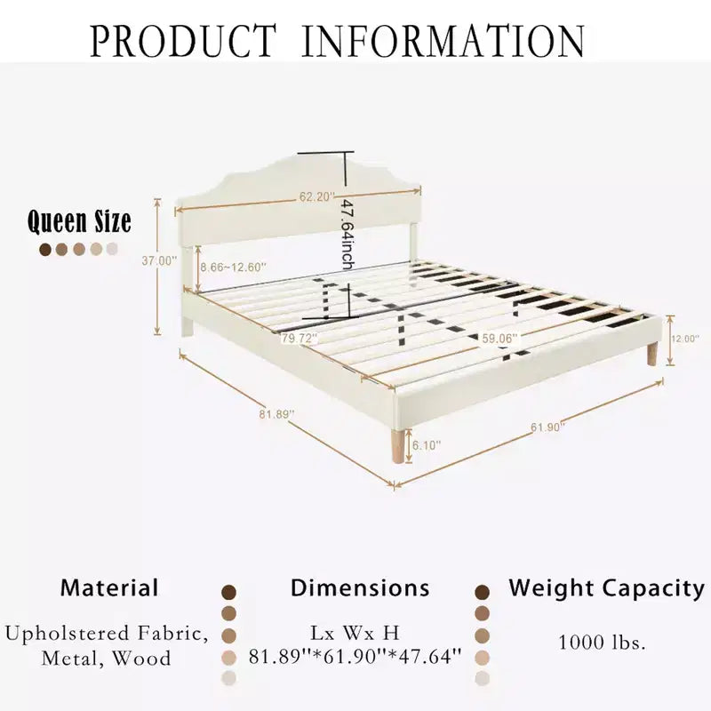 Queen/King Size Upholstered Platform Bed Frame with Adjustable Headboard, Linen Fabric Padded, No Box Spring Needed, Beige-ModernLuxe