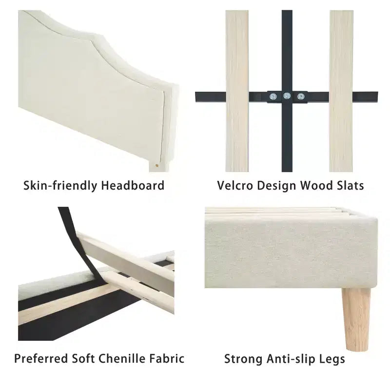 Queen/King Size Upholstered Platform Bed Frame with Adjustable Headboard, Linen Fabric Padded, No Box Spring Needed, Beige-ModernLuxe