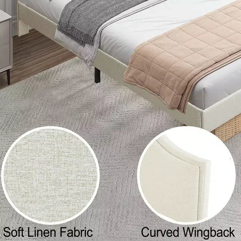 Queen/King Size Upholstered Platform Bed Frame with Adjustable Headboard, Linen Fabric Padded, No Box Spring Needed, Beige-ModernLuxe