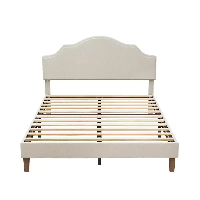 Queen/King Size Upholstered Platform Bed Frame with Adjustable Headboard, Linen Fabric Padded, No Box Spring Needed, Beige-ModernLuxe