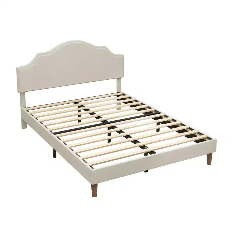 Queen/King Size Upholstered Platform Bed Frame with Adjustable Headboard, Linen Fabric Padded, No Box Spring Needed, Beige-ModernLuxe