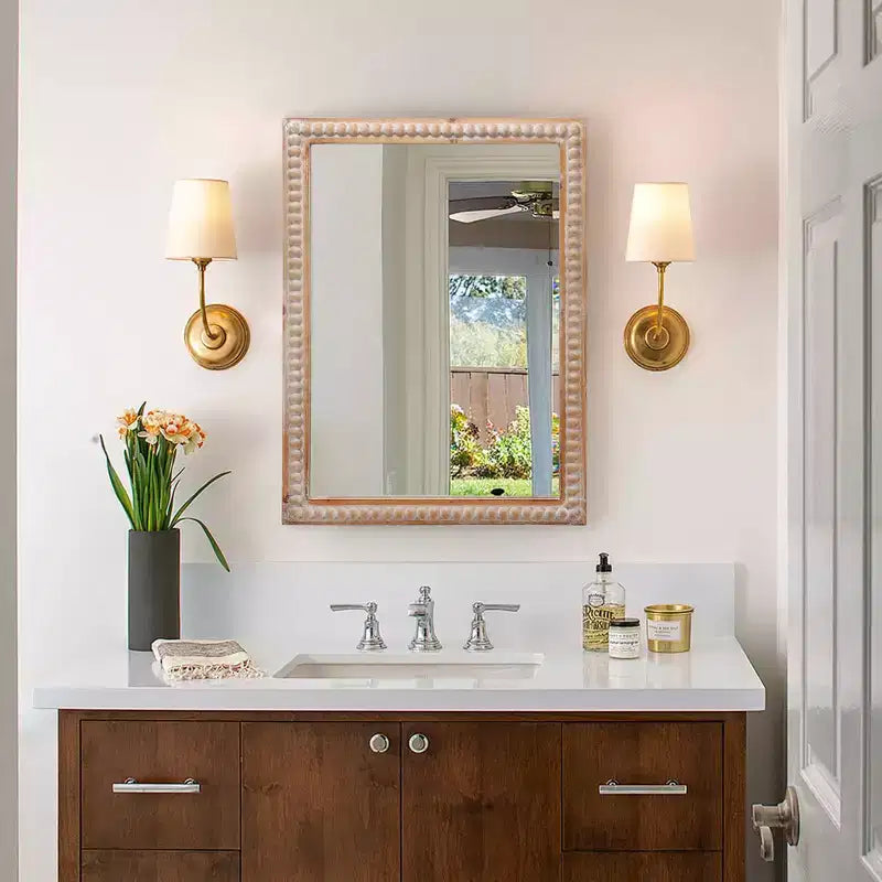 MAYEERTY 30 Specchio decorativo con cornice in legno, a parete, rettangolare, per bagno, lavabo, soggiorno e camera da letto, con perline