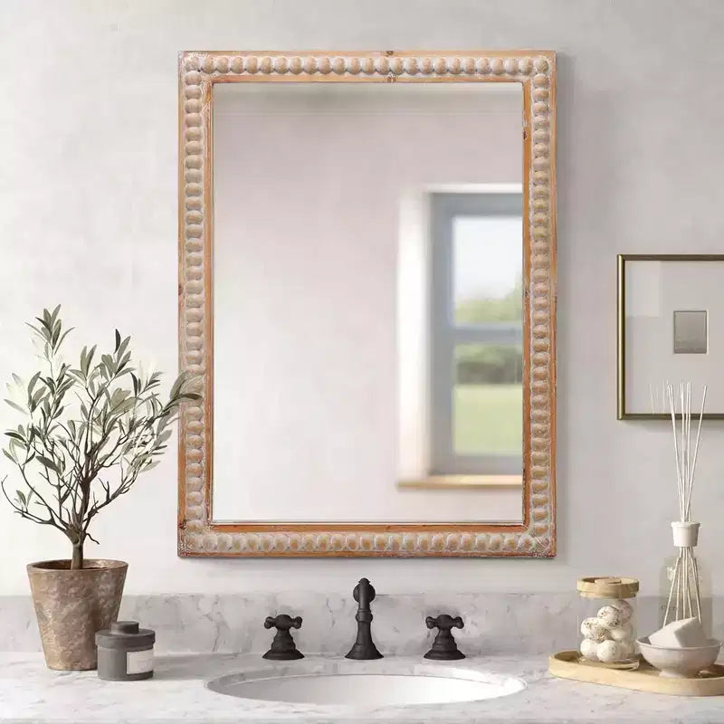 MAYEERTY 30 Specchio decorativo con cornice in legno, a parete, rettangolare, per bagno, lavabo, soggiorno e camera da letto, con perline