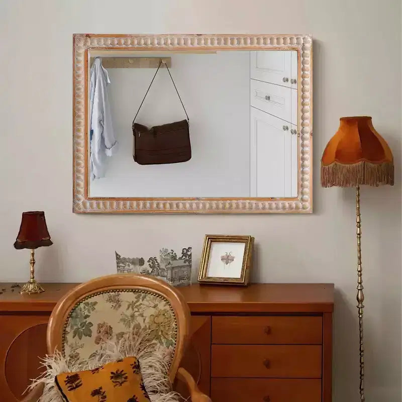 MAYEERTY 30 Specchio decorativo con cornice in legno, a parete, rettangolare, per bagno, lavabo, soggiorno e camera da letto, con perline