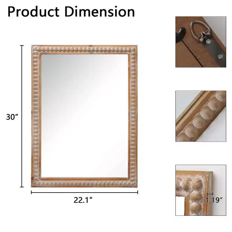 MAYEERTY 30 Specchio decorativo con cornice in legno, a parete, rettangolare, per bagno, lavabo, soggiorno e camera da letto, con perline