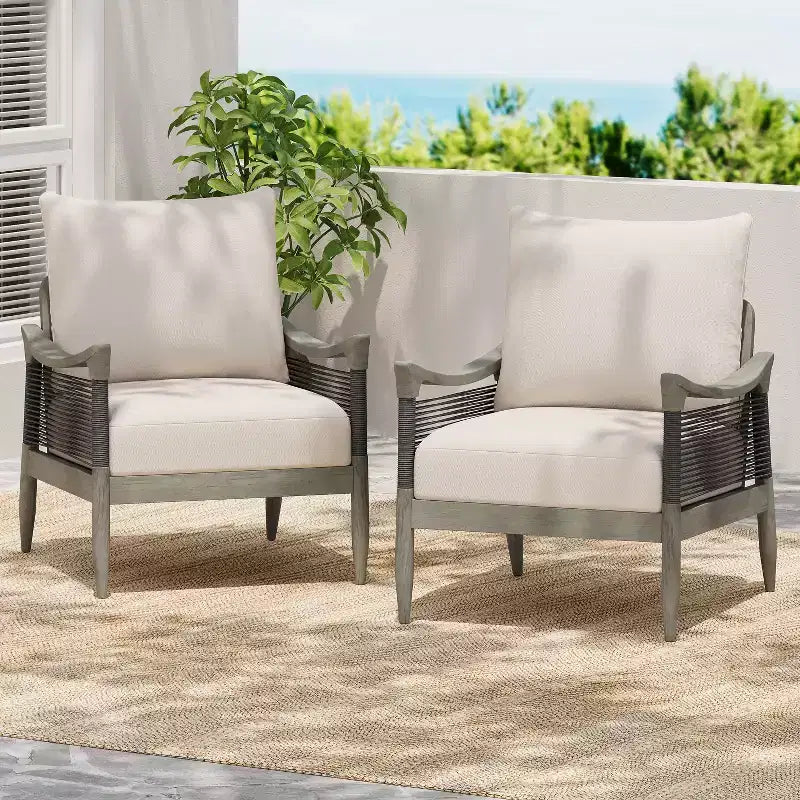 Christopher Knight Home Amos Outdoor Woven Rope Acacia Wood Club Chair with Thick Cushion (Set of 2)