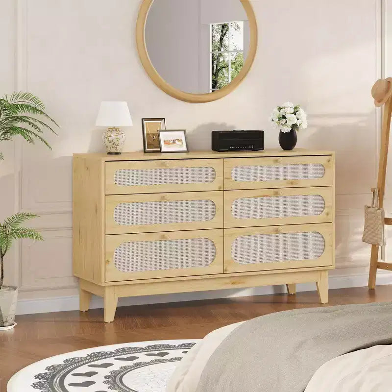 Comò con cassetti diversi per camera da letto, comò moderno naturale con maniglie e gambe in legno, dotato di kit antiribaltamento
