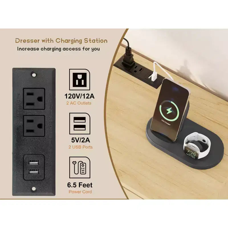 Comò con cassetti diversi per camera da letto, comò moderno naturale con maniglie e gambe in legno, dotato di kit antiribaltamento