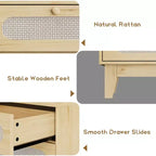 Comò con cassetti diversi per camera da letto, comò moderno naturale con maniglie e gambe in legno, dotato di kit antiribaltamento