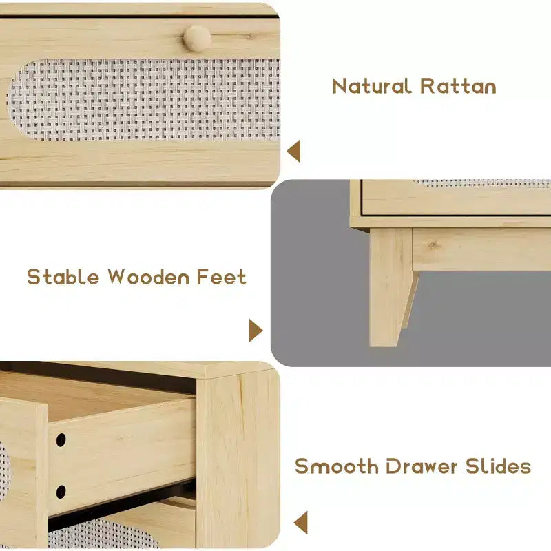 Comò con cassetti diversi per camera da letto, comò moderno naturale con maniglie e gambe in legno, dotato di kit antiribaltamento