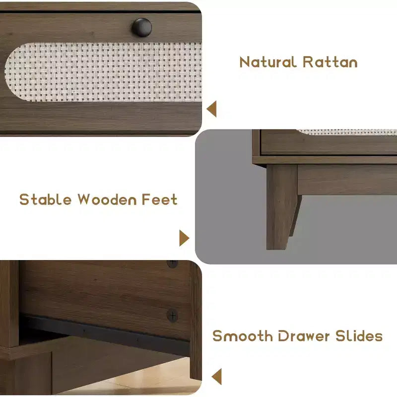 Comò con cassetti diversi per camera da letto, comò moderno naturale con maniglie e gambe in legno, dotato di kit antiribaltamento