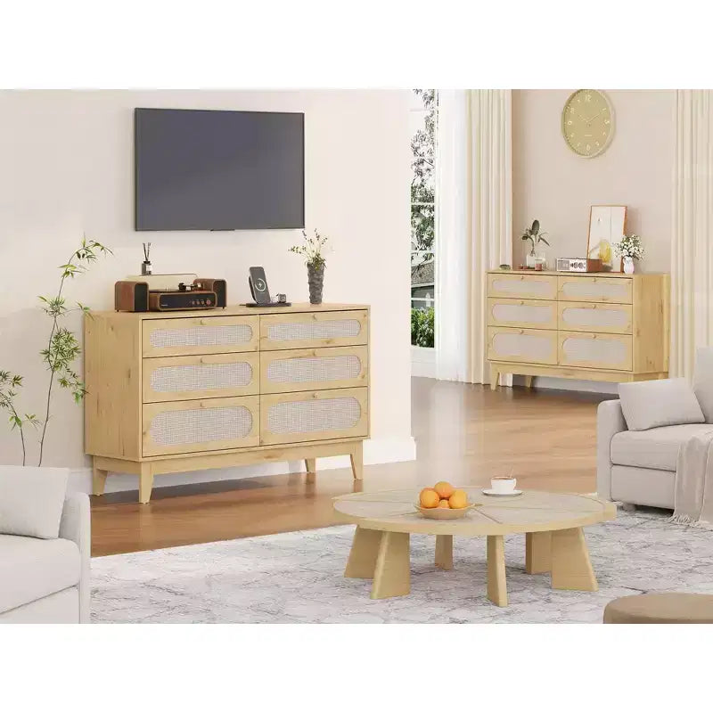 Comò con cassetti diversi per camera da letto, comò moderno naturale con maniglie e gambe in legno, dotato di kit antiribaltamento