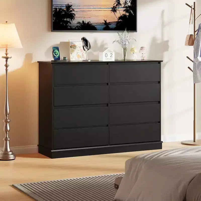 Comò a 8 cassetti CuisinSmart per camera da letto, cassettiera con cassetti profondi, comò orizzontale in legno per soggiorno, ingresso, camera dei bambini