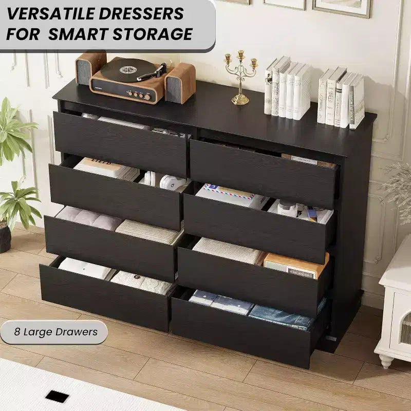 Comò a 8 cassetti CuisinSmart per camera da letto, cassettiera con cassetti profondi, comò orizzontale in legno per soggiorno, ingresso, camera dei bambini