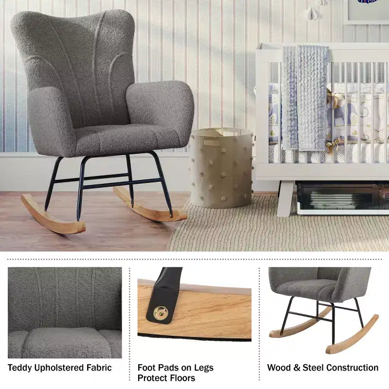 Rocking Chair Teddy Fabric Upholstered Chair Ergonomic Modern Rocker