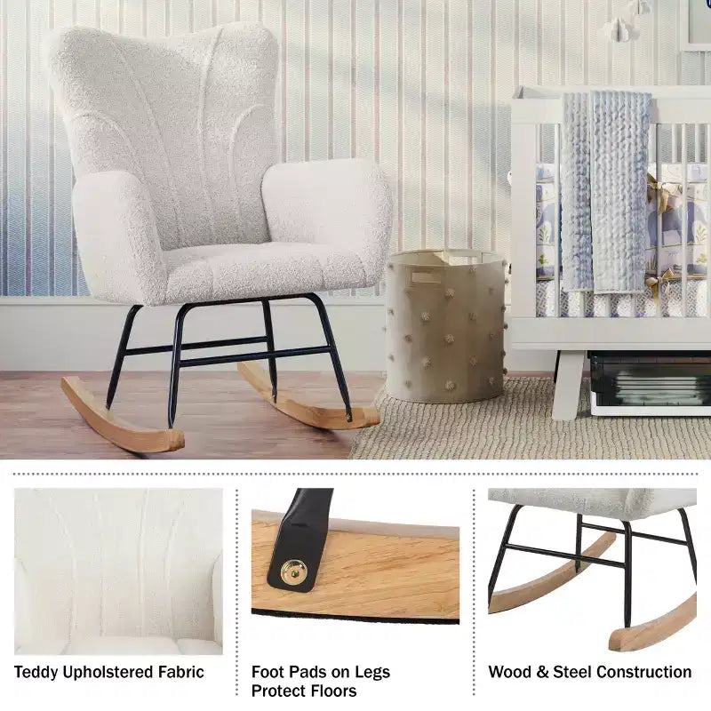 Rocking Chair Teddy Fabric Upholstered Chair Ergonomic Modern Rocker