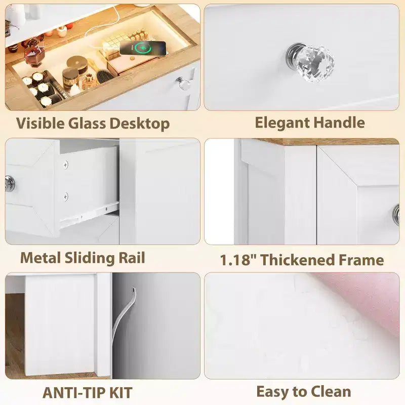 Zstar White Drawer Dresser with Mirro and LED Strip, 4 Drawer Cabinet with Cristal Knobs, Modern Makeup Vanity Table for Small Space