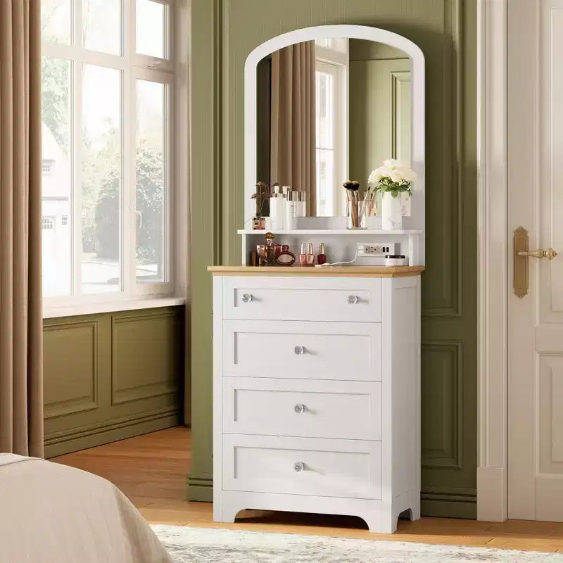 Zstar White Drawer Dresser with Mirro and LED Strip, 4 Drawer Cabinet with Cristal Knobs, Modern Makeup Vanity Table for Small Space