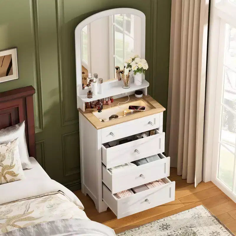 Zstar White Drawer Dresser with Mirro and LED Strip, 4 Drawer Cabinet with Cristal Knobs, Modern Makeup Vanity Table for Small Space