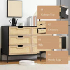 Cassettiera in rattan naturale a 6 cassetti, Cassettiera in legno, Armadietto contenitore rustico con gambe in metallo, Cassettiera moderna