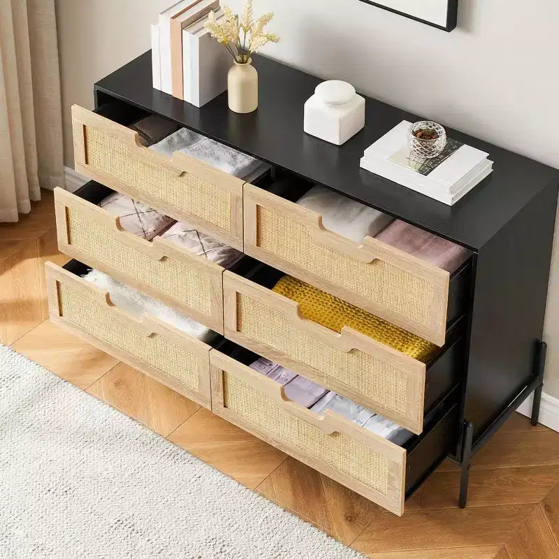 Cassettiera in rattan naturale a 6 cassetti, Cassettiera in legno, Armadietto contenitore rustico con gambe in metallo, Cassettiera moderna