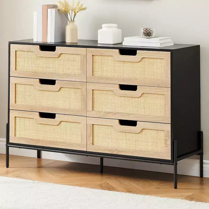 Cassettiera in rattan naturale a 6 cassetti, Cassettiera in legno, Armadietto contenitore rustico con gambe in metallo, Cassettiera moderna