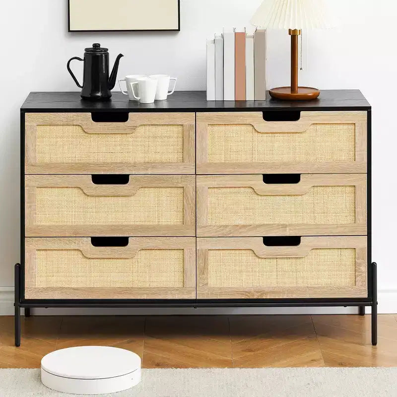 Cassettiera in rattan naturale a 6 cassetti, Cassettiera in legno, Armadietto contenitore rustico con gambe in metallo, Cassettiera moderna