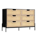 Cassettiera in rattan naturale a 6 cassetti, Cassettiera in legno, Armadietto contenitore rustico con gambe in metallo, Cassettiera moderna