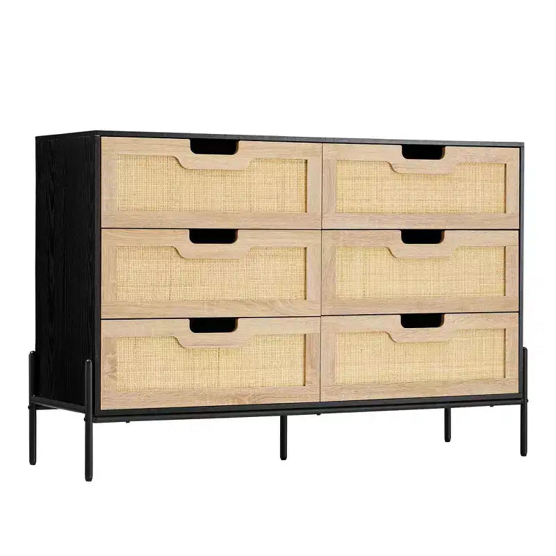 Cassettiera in rattan naturale a 6 cassetti, Cassettiera in legno, Armadietto contenitore rustico con gambe in metallo, Cassettiera moderna