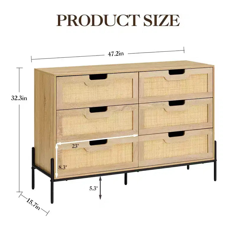 Cassettiera in rattan naturale a 6 cassetti, Cassettiera in legno, Armadietto contenitore rustico con gambe in metallo, Cassettiera moderna