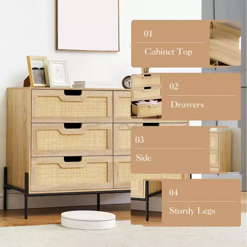 Cassettiera in rattan naturale a 6 cassetti, Cassettiera in legno, Armadietto contenitore rustico con gambe in metallo, Cassettiera moderna