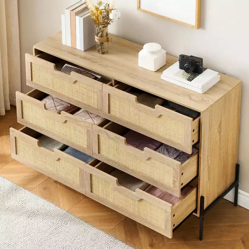 Cassettiera in rattan naturale a 6 cassetti, Cassettiera in legno, Armadietto contenitore rustico con gambe in metallo, Cassettiera moderna