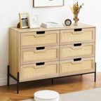 Cassettiera in rattan naturale a 6 cassetti, Cassettiera in legno, Armadietto contenitore rustico con gambe in metallo, Cassettiera moderna